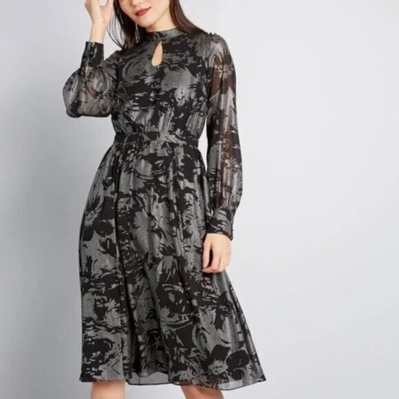 ModCloth More to Adore Midi Dress Metallic Black Silver Ladies Large Whimsigoth - Picture 1 of 8